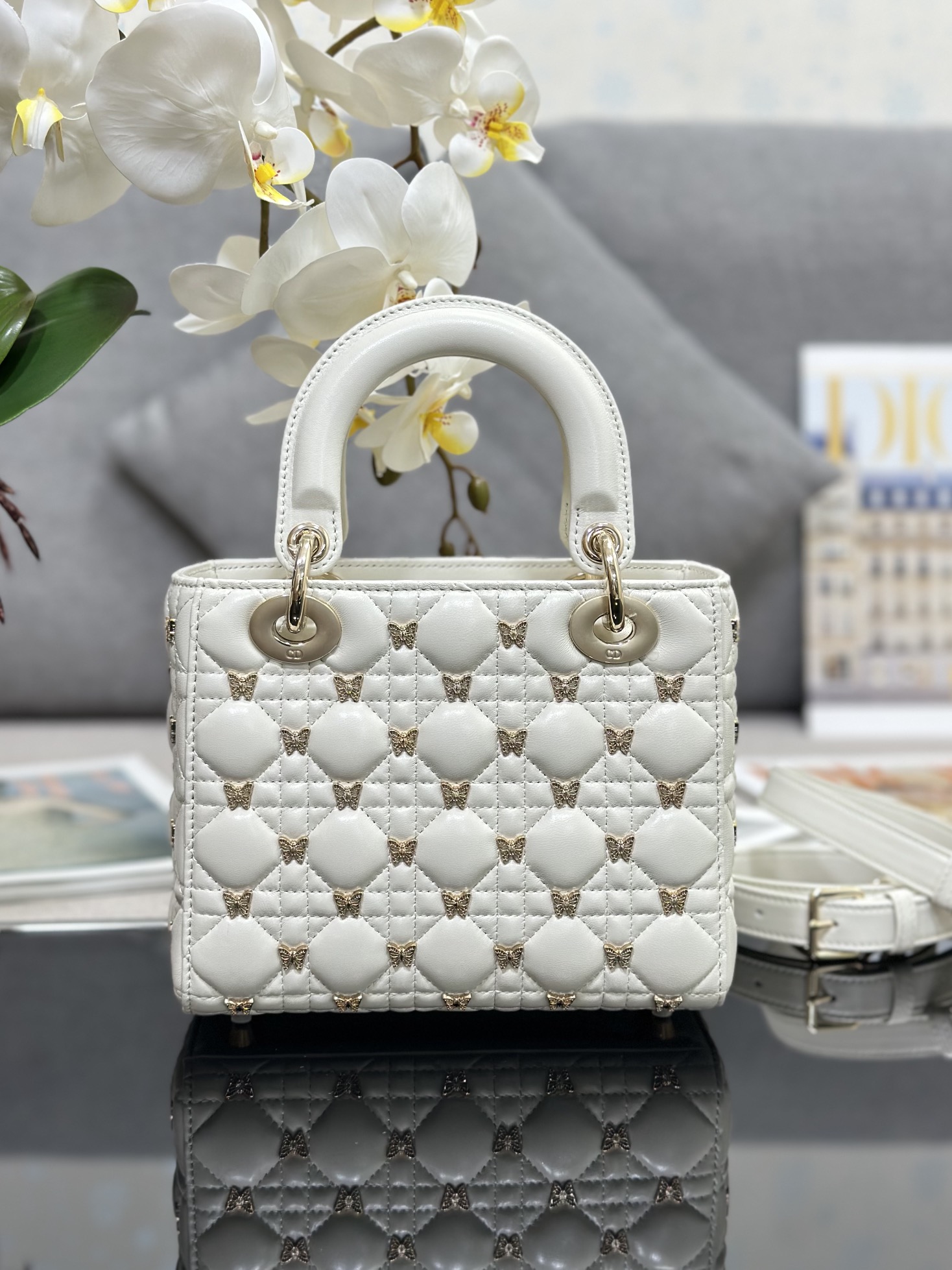 Small Lady Dior Bag White Lambskin with Butterfly Nail